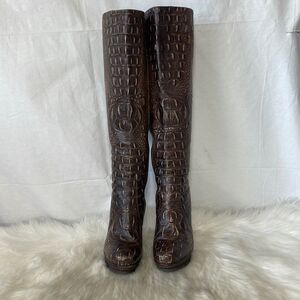 Max Azria Brown Two Tone Croc Leather Knee High Heeled Boots Sz 38.5/8.5